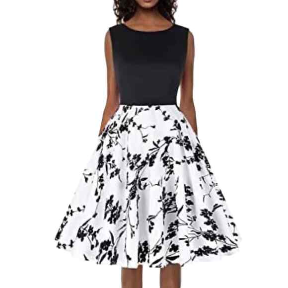 Grace‎ Karin Dress Womens Small Black White Floral Fit & Flare Retro Tea Dress - Picture 7 of 7